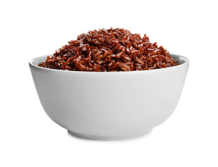 Bowl of cooked brown rice isolated on white