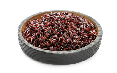 Bowl of cooked brown rice isolated on white