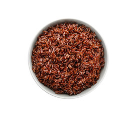Bowl of cooked brown rice isolated on white, top view