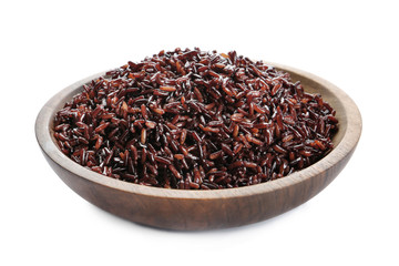 Bowl of cooked brown rice isolated on white