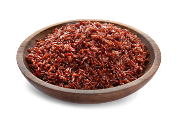 Bowl of cooked brown rice isolated on white