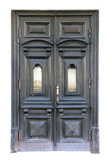 beautiful vintage fncient medieval dark brown wood oak front outer door isolated on white background closeup