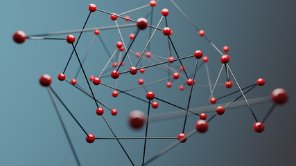 Red spheres on blue background, concept of network. 3D Rendering