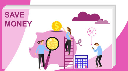 Money saving concept with characters. Piggy bank and coins concept. Can use for web banner, infographics, hero images. Can use for web banner