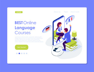Best online lenguages courses. Isometric online illustration. Conversation between teacher and student. Web page template