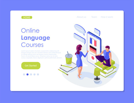Online languages courses. Learn basic lenguages from mobile app. Isometric flat web page template
