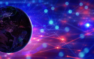 digital data deep learning, global abstract futuristic network background illustration, particle neon glow, satellite signal online, ai run the world, Elements of this image furnished by NASA