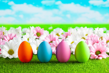 Easter eggs and colorful flowers on the grass and blue sky background