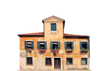 Fototapeta na wymiar typical ancient medieval venetian house with orange plaster walls and wooden shutters isolated facade on white background