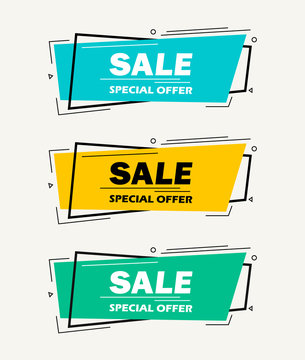 Super Sale and special offer. 50 off. Vector illustration. Trendy neon geometric figures wallpaper in a modern material design style. Coloured banner