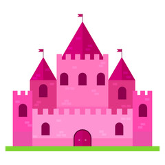 Cute pink castle flat design. Vector illustration.