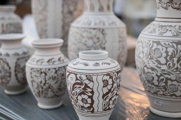 Romanian traditional empty clay pots at the market