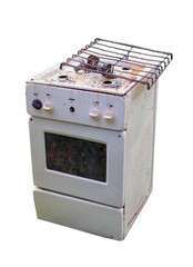 very old white gas stove sitting on white background isolated close-up