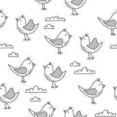 Fototapeta na wymiar Lovely birds pattern design with clouds - funny hand drawn doodle, seamless pattern. Lettering poster or t-shirt textile graphic design. / wallpaper, wrapping paper, background.
