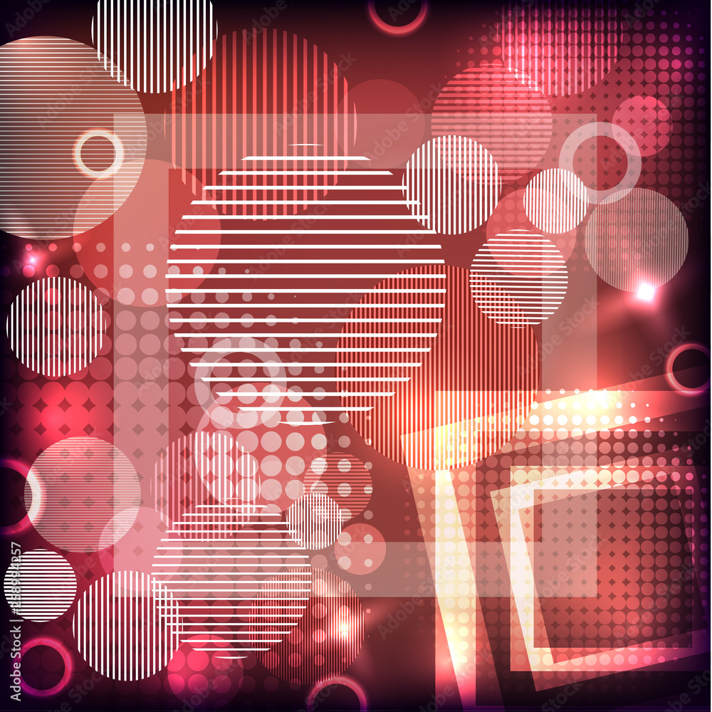 Poster bright abstract texture with circles and stripes, squares. vector illustration of surface design for