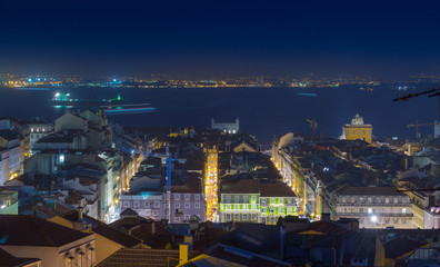 Night long exposure aerial cityscape. View of historic central quarters, Commerce Square, Triumphal...