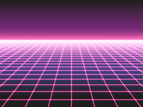 Retro futuristic neon grid background, 80s design perspective distorted plane landscape composed of crossed neon lights ol laser beams, synthwave or retro wave styled vector illustration