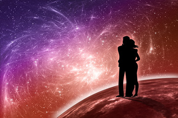 Couple on night sky and stars background. Silhouette of two people standing on the planet Earth and looking at the beautiful cosmic phenomenon. Bright fantasy illustration.