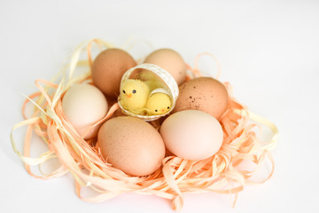 Easter eggs in a basket with chicken. chicken eggs
