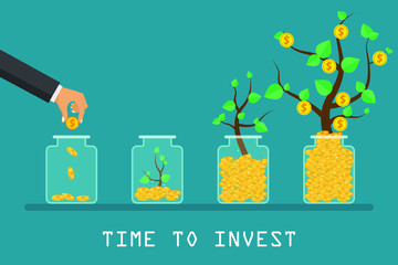 Time to invest concept. Grow business. Money tree and financial growth process. Vector illustration in flat design.