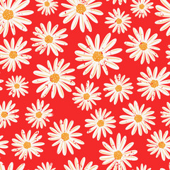 Fototapeta na wymiar Daisy flowers seamless vector background. Distressed white vintage Chamomile flowers on red pattern. Contemporary seasonal ditsy floral repeat tile. Hand drawn retro design for fabric, decor, paper