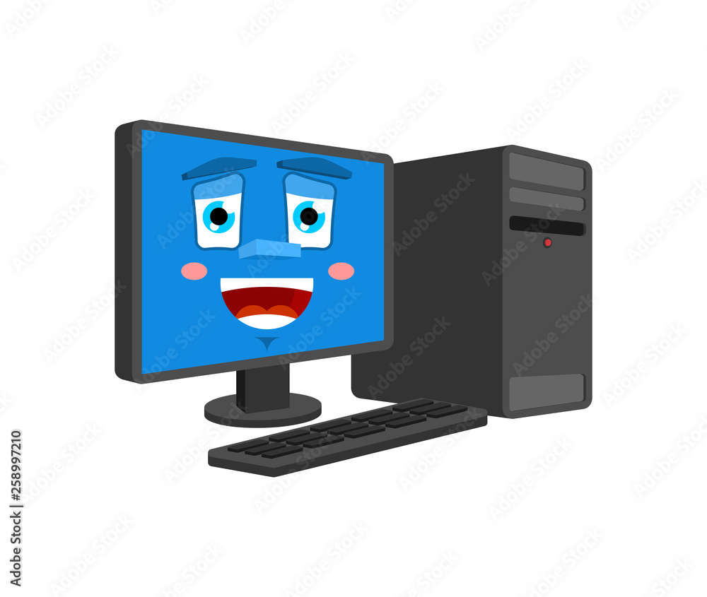 Poster happy computer emotion isolated. lucky pc cartoon style. data processor joyful vector