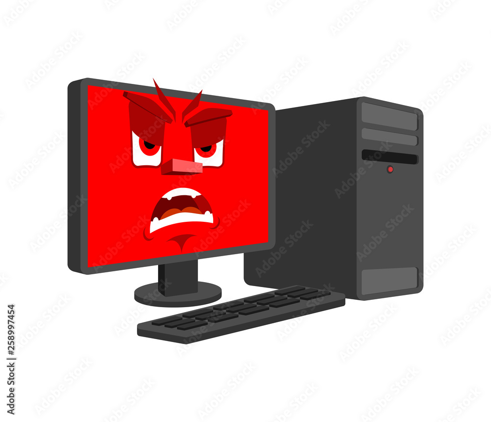 Poster computer angry emotion isolated. evil computer cartoon style. data processor fierce vector