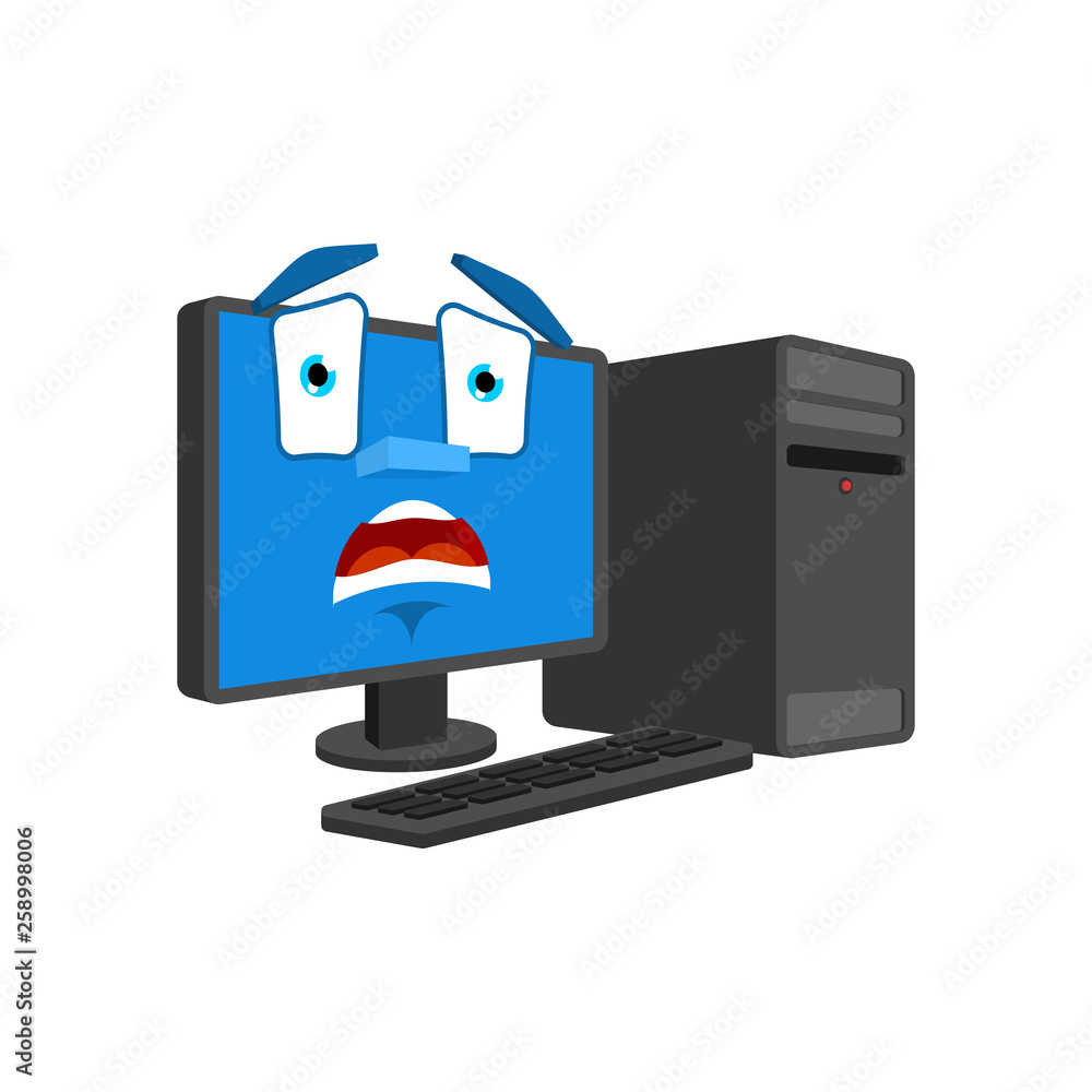 Poster computer fear emotion omg isolated. pc scared. data processor panicked. vector illustration