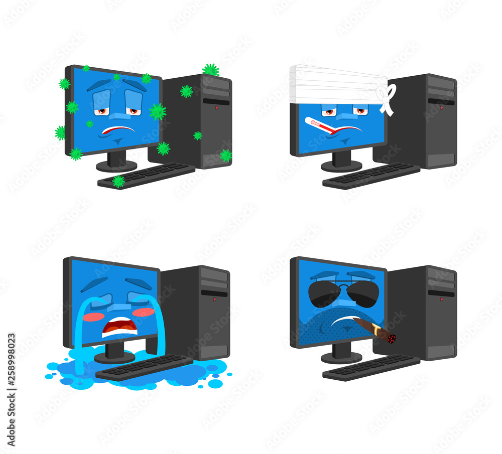 Poster computer emoji set. pc sick and sad. bandaged and brutal. data processor collection of situations