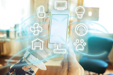 Closeup on smartphone with blank screen in hand of modern woman