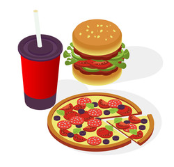 Fast food isometric. Pizza, burger and cola on a white background