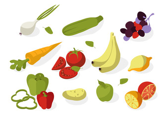 Vegetables and fruits isometric flat illustration. Bananas, carrot, pepper, tomato, apple, potato