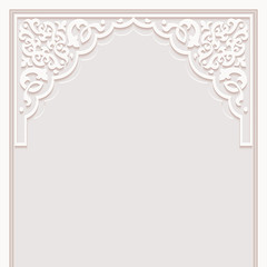 Stylized door in arabic architectural style arch with ornamental patterned stone relief of arabic mosque,greeting card for Muslim holidays