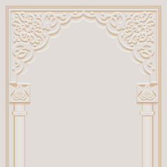 Stylized door in arabic architectural style arch with ornamental patterned stone relief and pillars of islamic mosque, greeting card for Ramadan Kareem