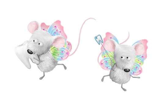 Toth fairy helpers, two gray flying mouses. Deco dental kids elements, card-, flyer- base clip art on white background