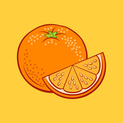 Illustration of Juicy Stylized Whole and Slice Orange. Icon for Food Apps and Stickers Isolated on a Yellow Background