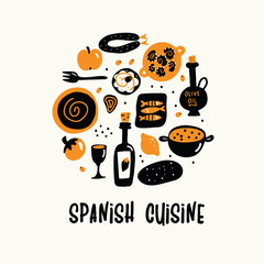 Vector cartoon illustration of spanish cuisine in circle.