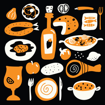 Vector Cartoon Illustration Of Mediterranean Cuisine On Black Background. Spanish Food Concept.