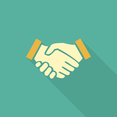 Handshake business concept. Handshake icon. Handshake in flat design with shadow on green background