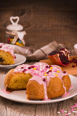 Cake with pink frosting. 