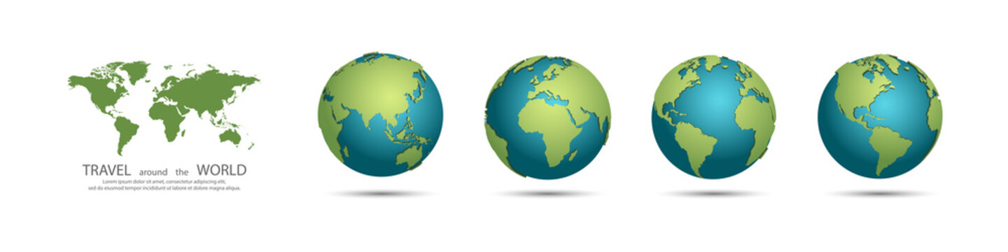 Earth Globes collection. Set of 3d earth globes with shadow. Travel around the world concept