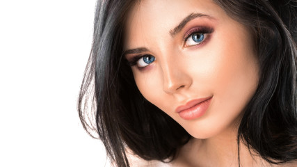 Fototapeta premium Beautiful woman face close up studio on white.