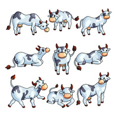 Funny black and white spotted cow farm animal character set in various poses.