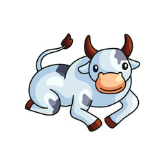 Funny black and white spotted cow farm animal character lying holding tail up