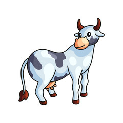 Funny black and white spotted cow standing looking back isolated