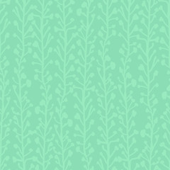 Subtle nature background. Seamless vector pattern of abstract plants in green hues. Branches and leaves growing in vertical direction. Simple foliage texture for fabric, page fill, banner, decoration