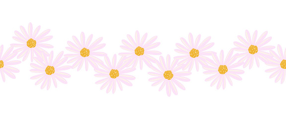 Fototapeta na wymiar Aster flowers seamless vector border. Illustrated Daisy flowers pink endless pattern. Contemporary seasonal ditsy floral repeat tile. Hand drawn floral border for cards, summer decor, ribbons, fabric