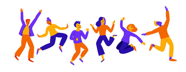 Vector illustration in flat simple style - happy jumping team - smiling men and womenand joyful people