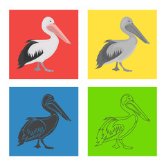 Pelican color flat, simple, line, black and white concept icons set