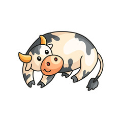 Close up view of funny smiling calm spotted cow having rest isolated on white